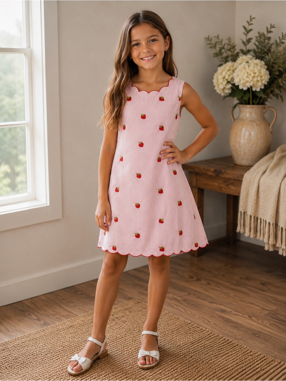 Cotton Kids Girls Size 7 Pink Strawberry Scalloped Summer Dress